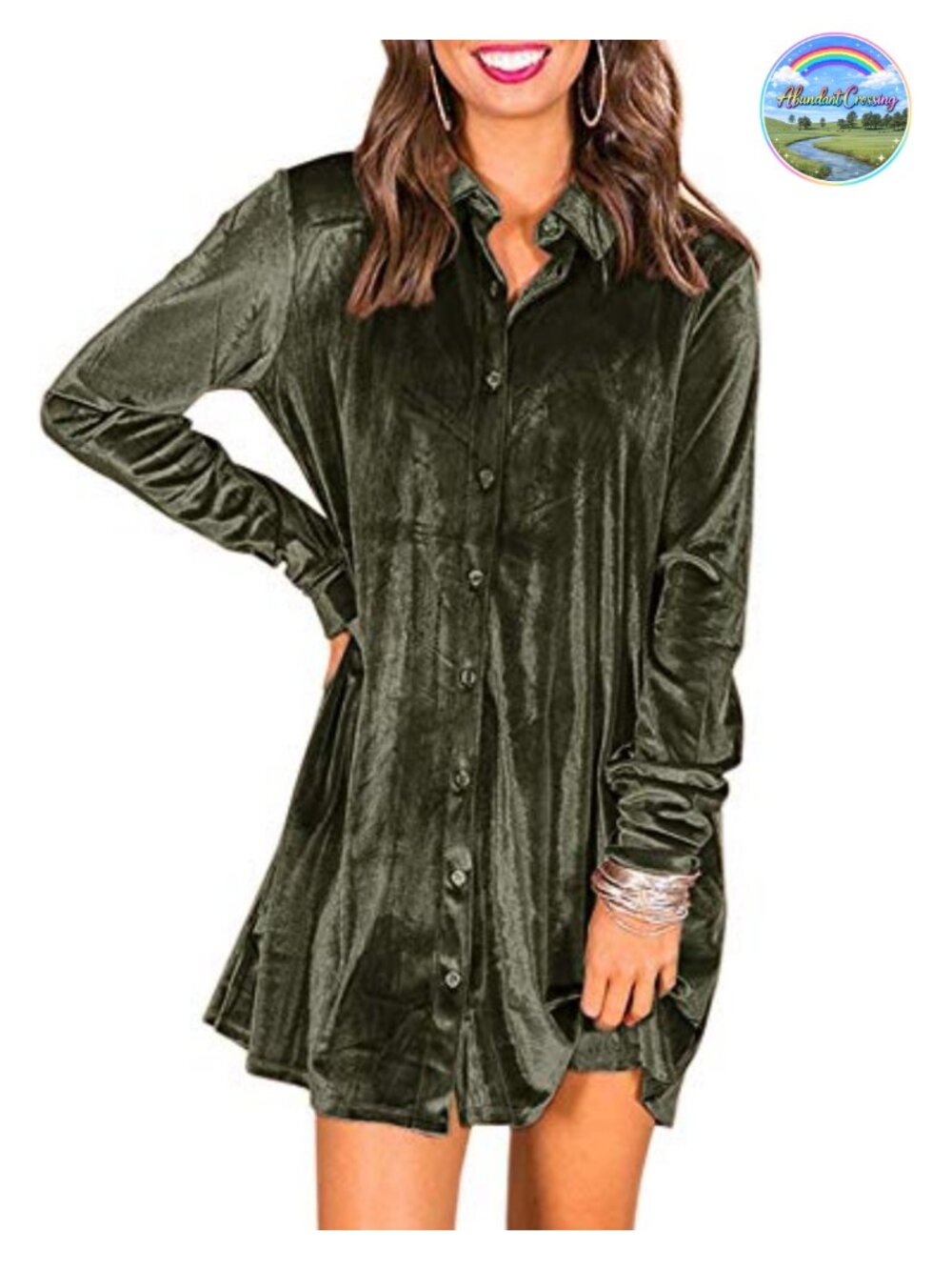 Women's Velvet Button Down Tunic Dress with Pockets Long Sleeve Mini